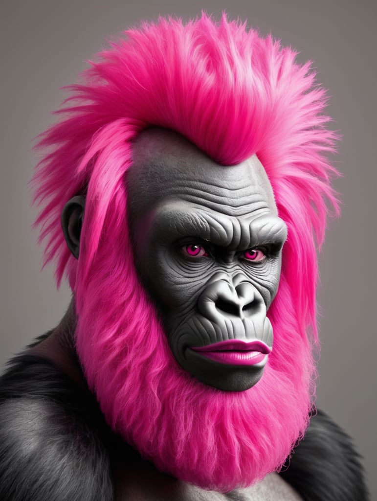 Gorilla with a hot pink wig and a hot pink beard