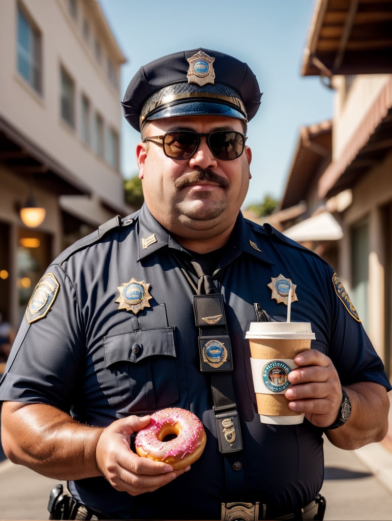 very fat cop with donut and cup of coffee, happy, sunglasses, image, portrait