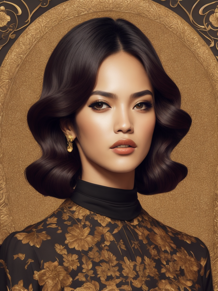 eiza gonzález portrait by ikenaga yasunari and ayana otake and ko rakusui, 6 0 s poster, drawing, realistic, sharp focus, japanese, dreamy, nostalgia, faded, golden hues, clothes with floral pattern
