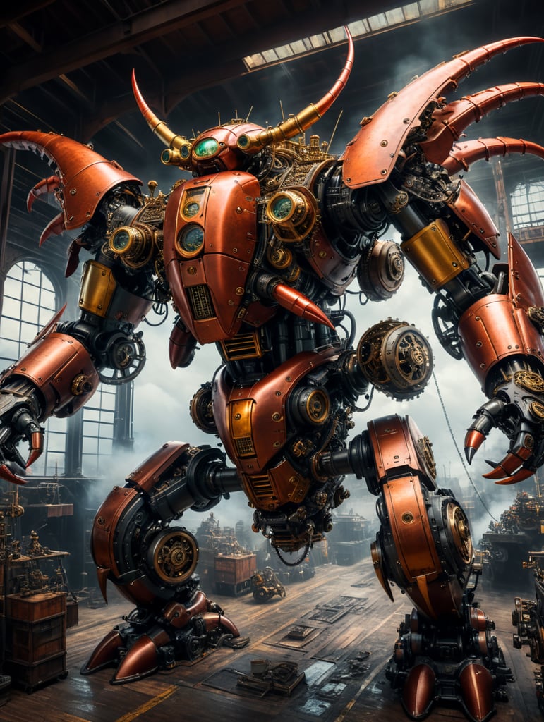 910 coloured photo of Flying mecha steampunk lobsters industrial revolution, extra details, wide angle