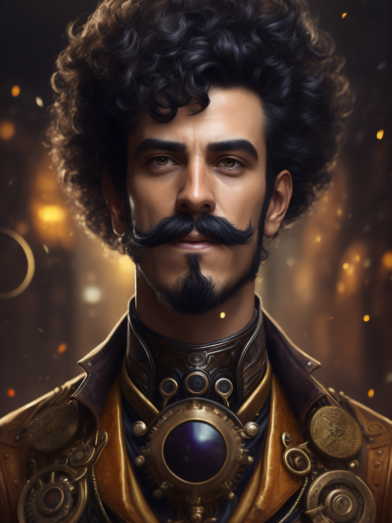 Steampunk man with a curly mustache with swirls of color behind him