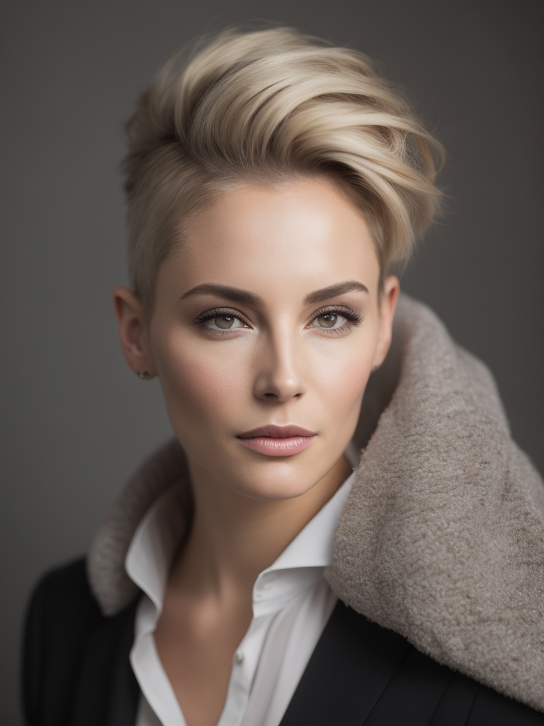 a 42 yo woman, blonde, (hi-top fade:1.3), dark theme, soothing tones, muted colors, high contrast, (natural skin texture, hyperrealism, soft light, sharp)