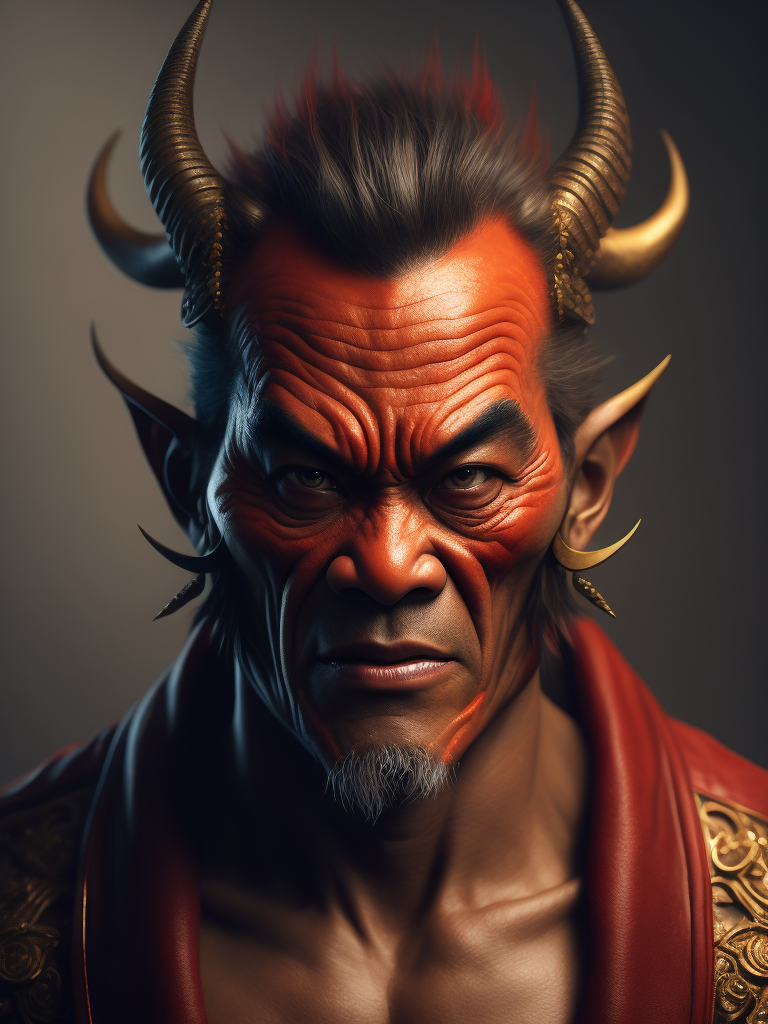 Portrait red japanese demon by Tiago Hoisel, gradient background, Depth of field, Incredibly high detail