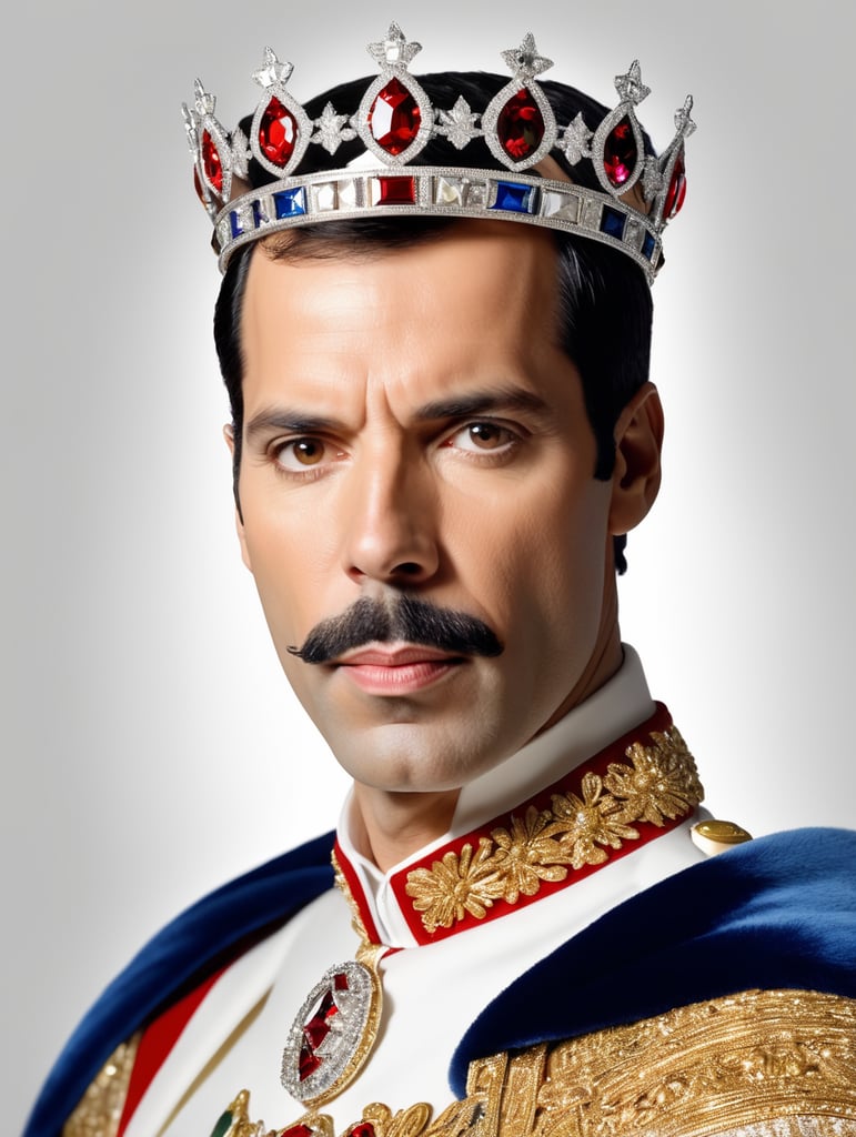 Portrait of Freddie Mercury wearing the Queen's crown, royal mantle, Vivid saturated colors, Contrast light, studio photo, professional photo, Detailed image, detailed face