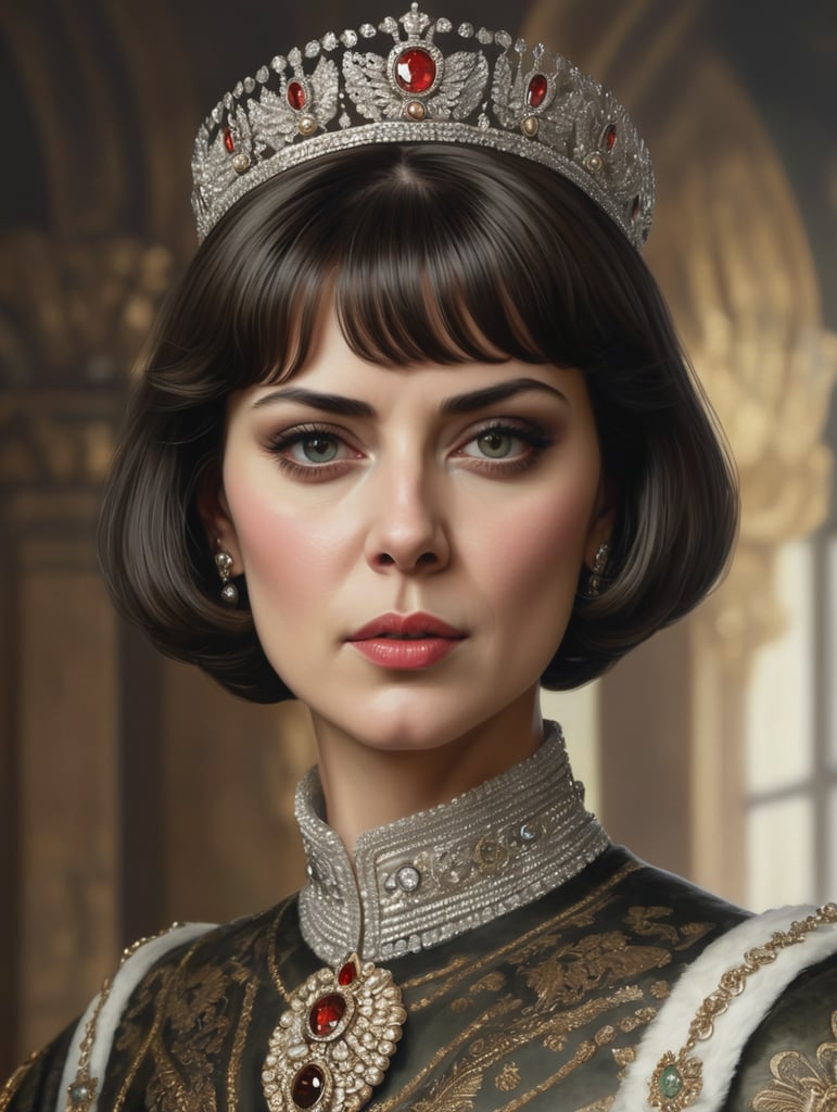 Giuseppe Scuderi, ultra-fine detailed painting of the Russian queen with beautiful skin texture.with eye patch straight bangs and short haircut with dark hair