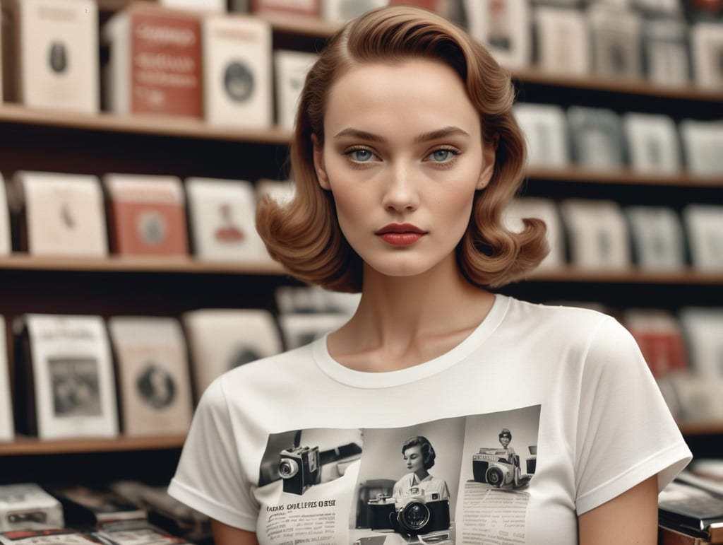 Extremely detailed photographic image, grained image, beautifully composed, monochrome image, 50's fashionable image, fashionable magazine photography, leica summicron 35mm f2.0, kodak 400tx, fashion photography, fashionable model, william s. burroughs, Woman wearing blank white T-Shirt in Clothing Store Mockup, mock up