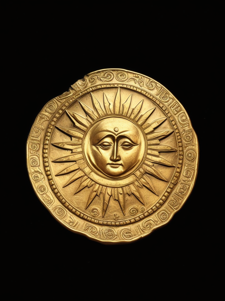 ancient gold carved coin with sun face, deep carved gold