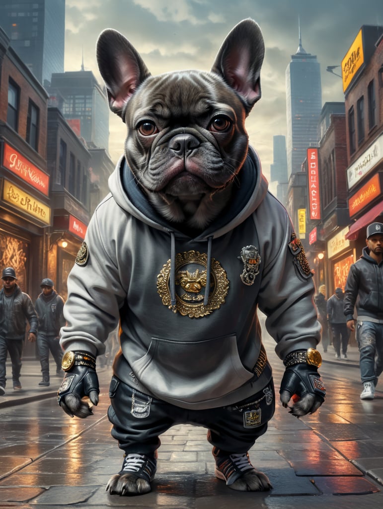 Gray French bulldog in hip hop clothing in a city