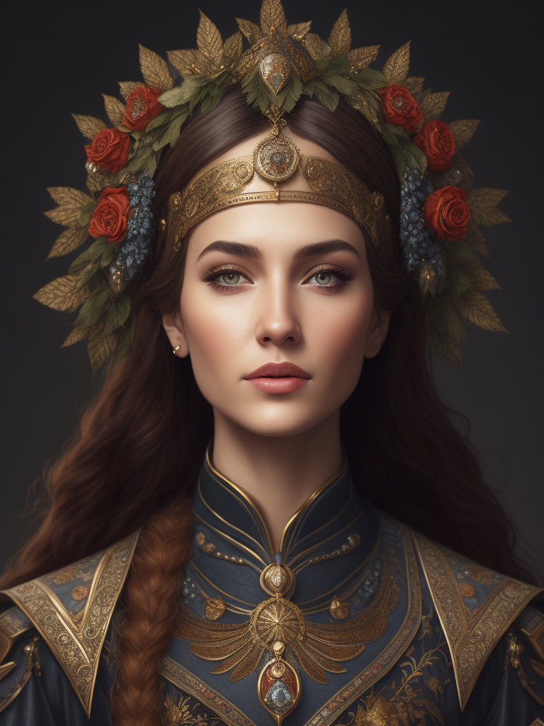 Portrait of a beautiful woman from a Russian fairy tale in a traditional costume around rowan bunches with a holy halo around her head like on Orthodox icons