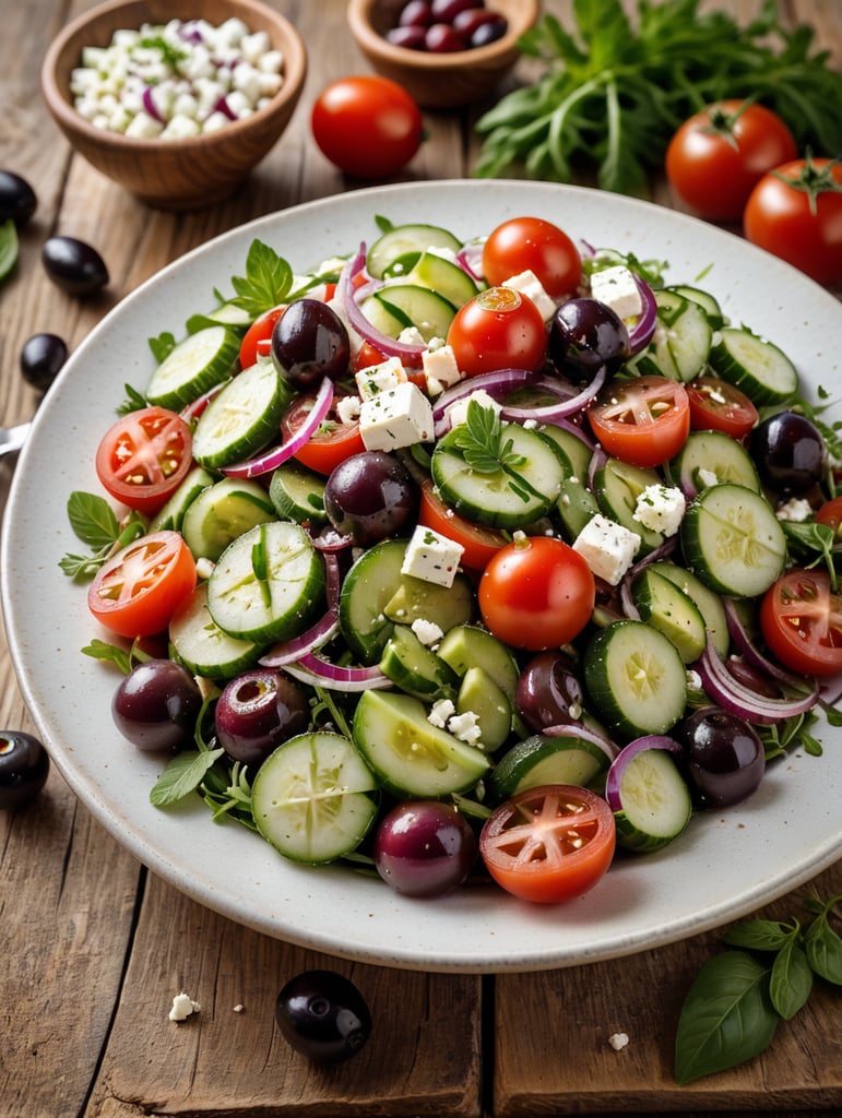 Greek Salad, small plate on a wooden table, Description: A refreshing Mediterranean salad with cucumbers, tomatoes, red onions, Kalamata olives, and feta cheese, drizzled with olive oil and sprinkled with oregano.