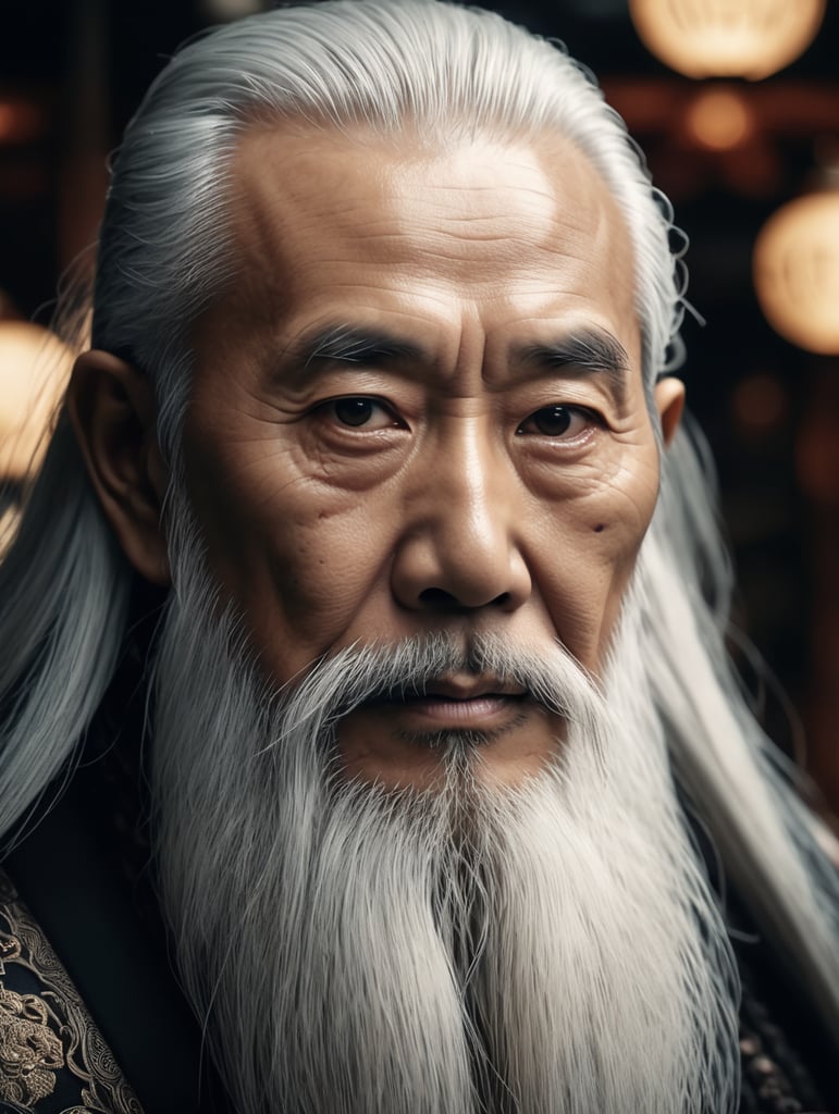 Wise old japanese man from tokyo with a long white beard, intricate, sharp focus, fantasy, cinematic lighting, other worldy, surreal 8k photo, dark moody aesthetic