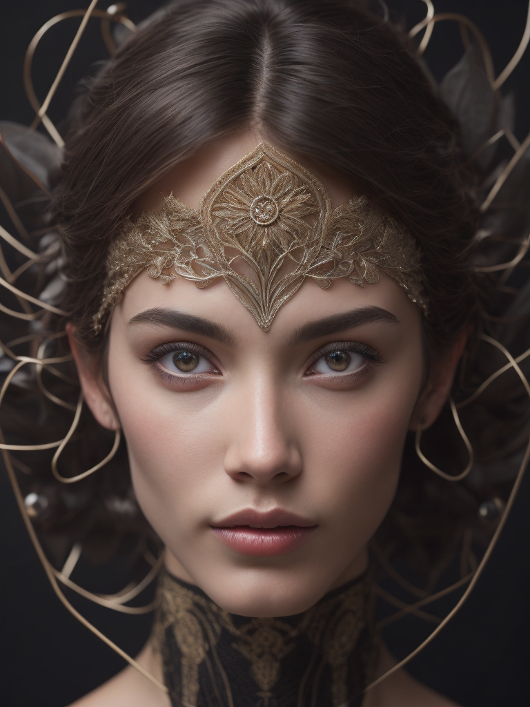 Complex 3d render ultra detailed of a beautiful profile angel, biomechanical cyborg, analog, 150 mm lens, beautiful natural soft rim light, big leaves and stems, roots, fine foliage lace, colorful details, samourai, boris bidjan saberi outfit, pearl earring, piercing, art nouveau fashion embroidered, intricate details, mesh wire, mandelbrot fractal, anatomical, facial muscles, cable wires, microchip, badass, hyper realistic, ultra detailed, octane render, volumetric lighting, red and white with a bit of black, detailled metalic bones, semi human, iridescent colors, glenn brown style, black background