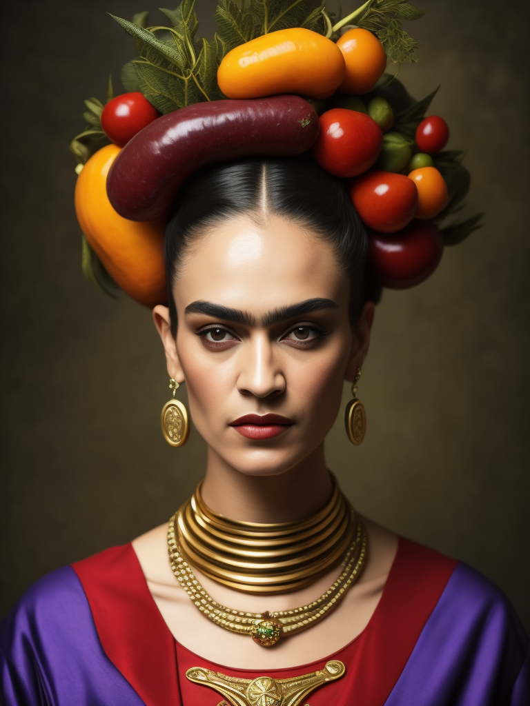 Portrait of Frida Kahlo,Headdress made of fine vegetables and herbs, bright and saturated colors, elegant, highly detailed, vogue, fashion magazine, sharp focus, bright expressive makeup, dramatic lighting, depth of field, incredibly high detailed, blurred background.