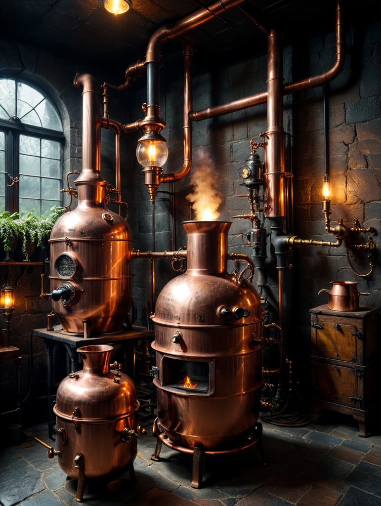 Close-up of a Copper distillation unit alembic, candles on the walls, Dim antique room for whiskey production, herbs and hops, old master sitting on a chair