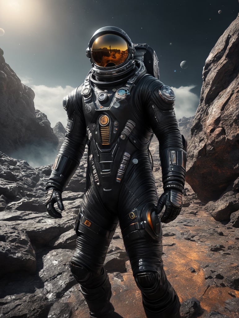 Space traveler in a black rock in middle of the universe. futuristic slim Astronaut suit, super hero style suit, energy blast