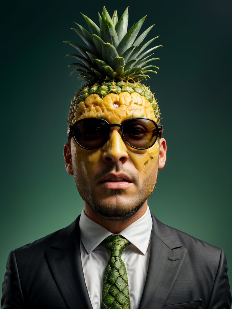 A man in a business suit with a pineapple for a head, green background, sunglasses, isolated