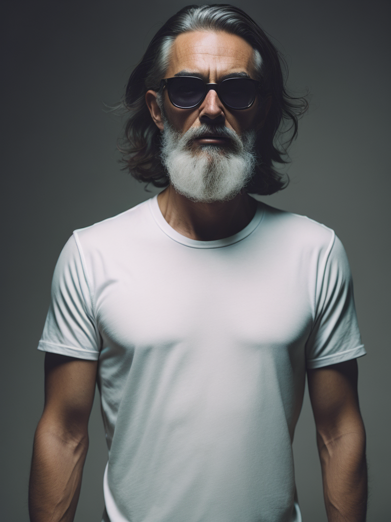 a torso of a (very old man), wearing ((black sunglasses)), white t-shirt, (((white hair))), front view, grey background