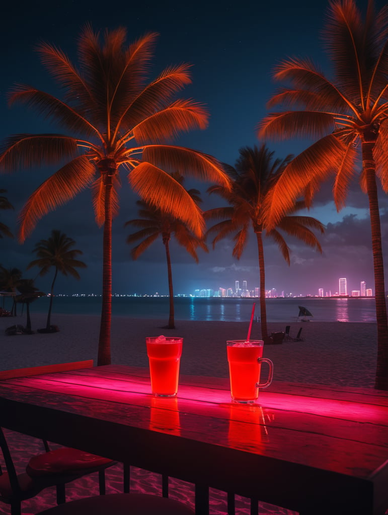 hyper realistic neon palette, highly detailed Miami beach at nighttime, one red cup on a table, exotic watch next to cocaine, Flamingos, palm trees, unreal engine, octane render, cinematic lighting, y2k, bright colors, hyper realistic, low angle, 16k, 8K UHD, 8K texture, cinematic, rim lighting, neon palette, color theory, dramatic, volumetric lighting, 35 mm, in focus, unreal engine, highly detailed, octane render, ultra-high resolution.