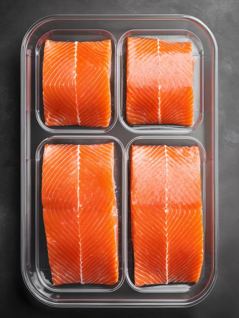 ready for cooking slices of a salmon in a transparent plastic tray, top view, isolated, mockup