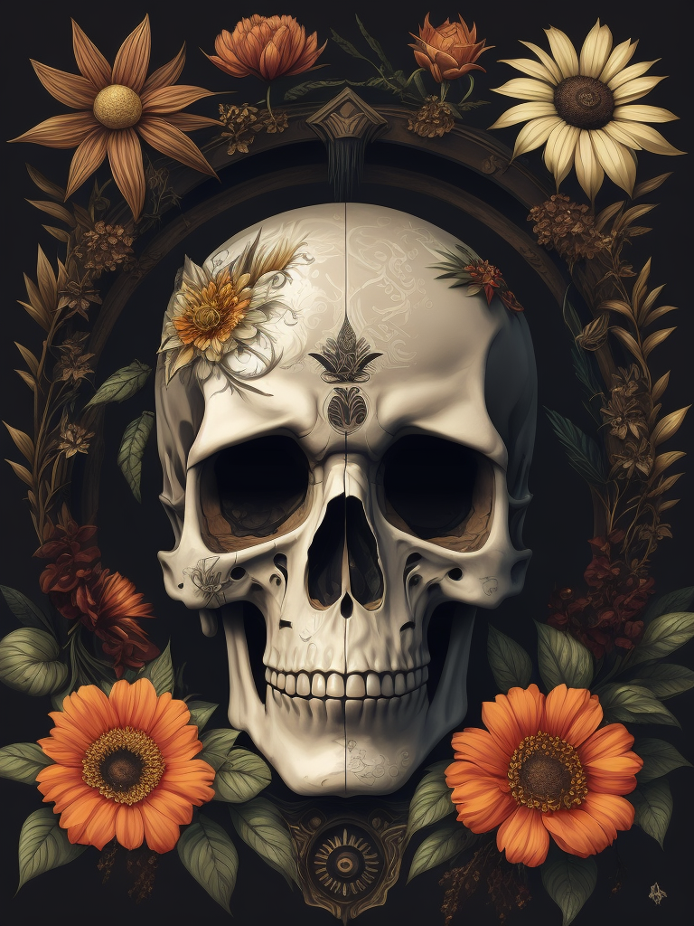 vector art of skull and vintage botanical flowers in the background, inspired by Japanese tattoo and hydro74