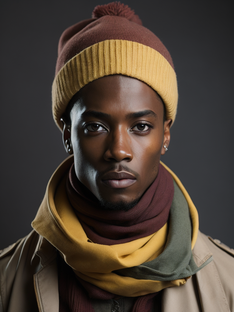 an african model wearing a brown beanie and a colorful scarf with "junk" written on it