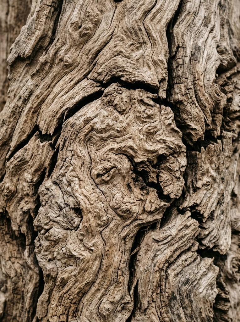 A macro photograph of weathered wood featuring deep, dark fissures and swirling grain patterns. The dry, craggy topography highlights prominent burls and fine cracks in taupe, beige, and deep brown. Diffused lighting accentuates the tactile ridges and shadowed crevices across the edge-to-edge frame.