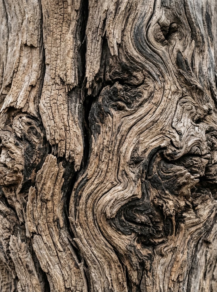 A macro photograph of weathered wood featuring deep, dark fissures and swirling grain patterns. The dry, craggy topography highlights prominent burls and fine cracks in taupe, beige, and deep brown. Diffused lighting accentuates the tactile ridges and shadowed crevices across the edge-to-edge frame.