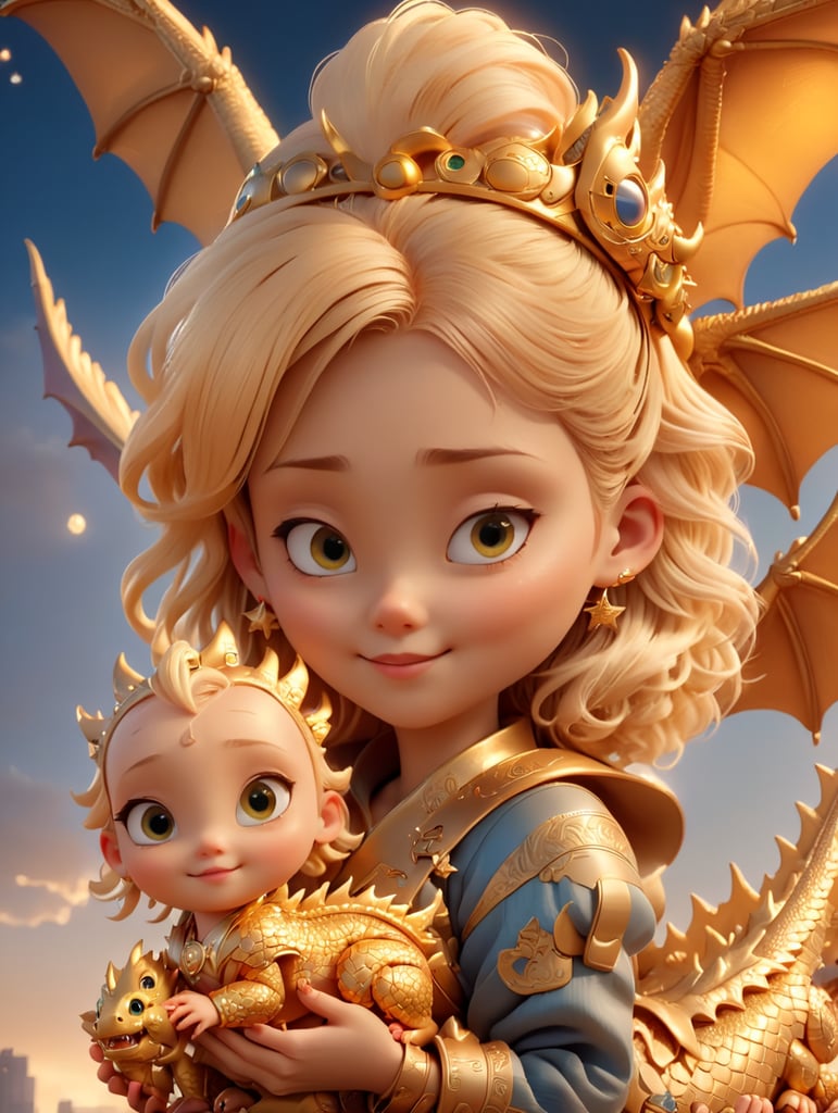 Cute young blonde headed cyberpunk girl holding her golden baby dragon, fantasy, exquisite detail, catch light, low contrast, high sharpness, depth of field, golden hour, ultra detailed photography, shiny stars in the sky