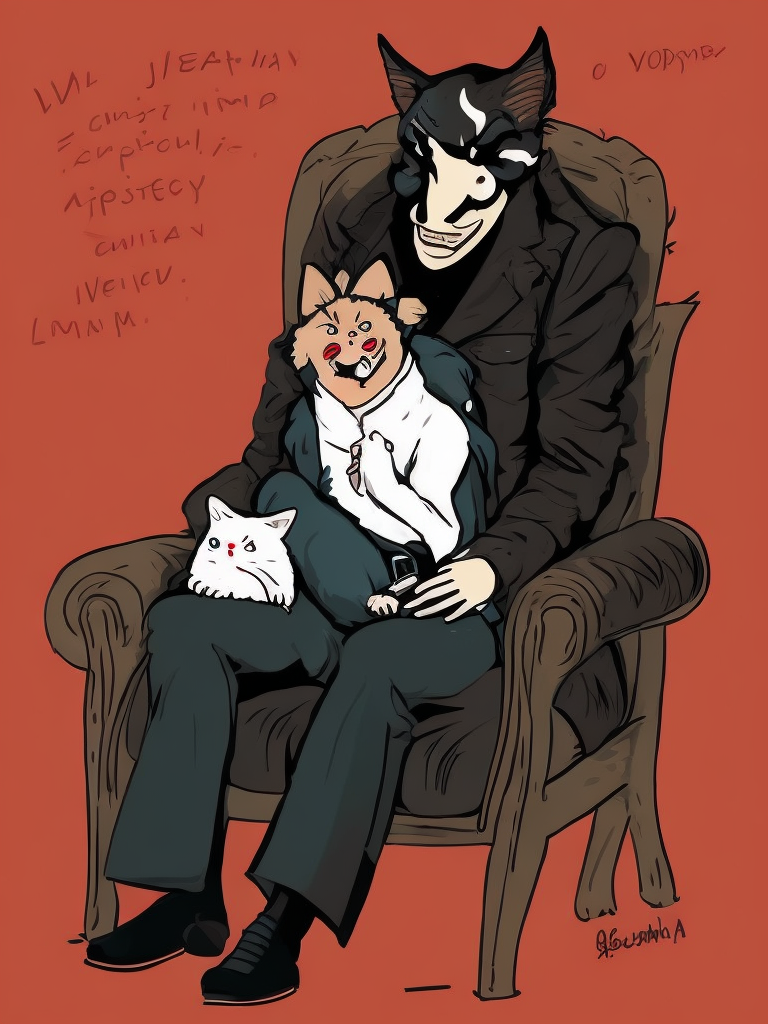 a vampire russian kgb man, successfully pretending to be an ordinary human citizen, sits in a chair and stroking his beloved cat, By Gemma Correll