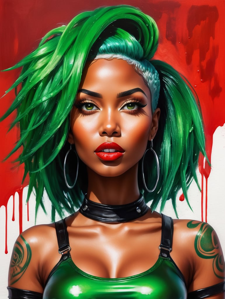 tattooed African american woman, green punk hair, leather tube top, leather tight fit pants, daring gaze, wet shiny skin, red background with black watercolor strokes