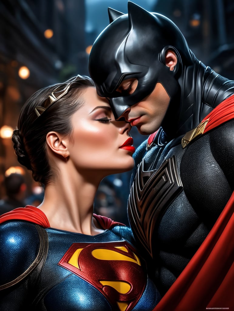 Superman kissing catwoman, bright and saturated colors, elegant, highly detailed, vogue, fashion magazine, sharp focus, dramatic lighting, depth of field, incredibly high detailed, blurred background'