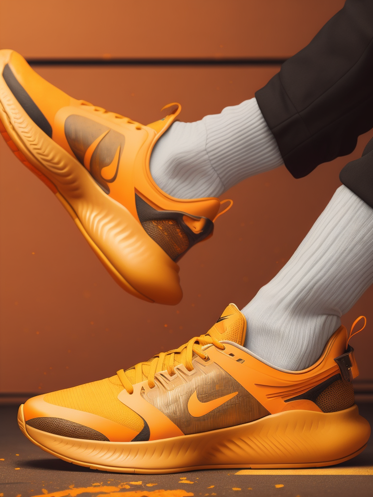 hyper realistic image of nike futuristic sneakers in black and orange colors with metalic details, modern fashion, deep atmosphere, saturation, vibrance, sharp and detailed textures and fabric, dark background