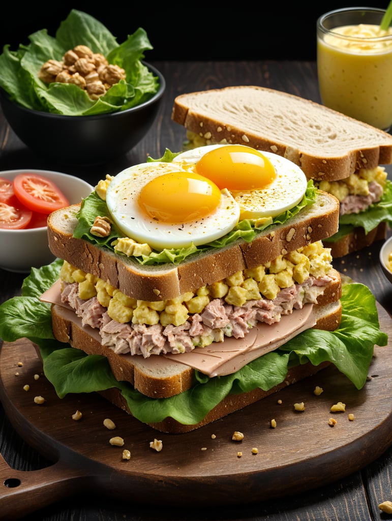 Egg Salad con Atún con pan integral sobre una mesa de madera oscura, el sandwich tiene, atun, lechuga, tomate, mayonesa, pan integral con su borde con nueces pequeñas, fondo oscuro