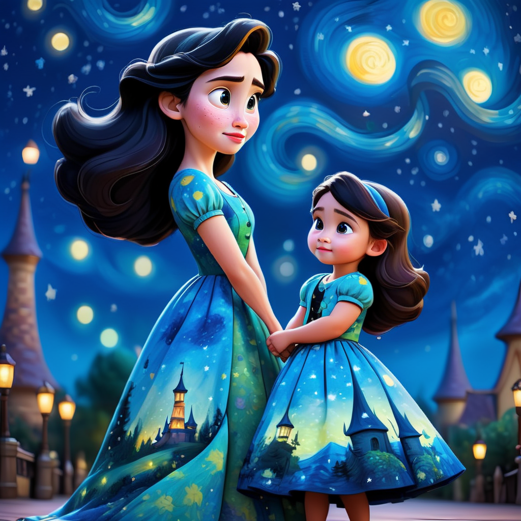 a woman with her daughter, wearing a van gogh print dress under a starry night, Disney Pixar style