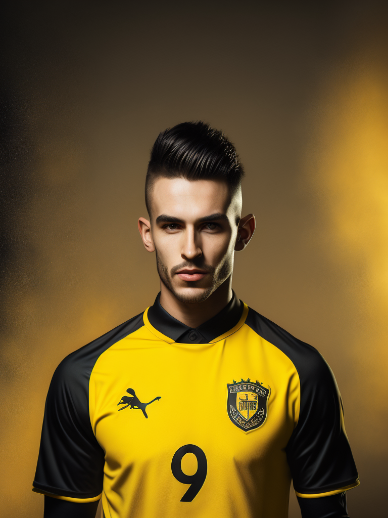 Portrait of soccer english player 1900, yellow and black shirt, whole body, bright and saturated colors, elegant, highly detailed, vogue, fashion magazine, sharp focus, Bright expressive makeup, Dramatic Lighting, Depth of field, Incredibly high detailed, blurred background