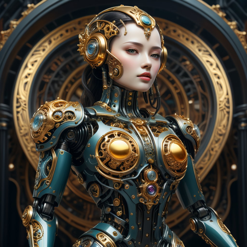 A female robot with an art Nouveau cyberpunk aesthetic, body is made from a delicate mechanical ornamental exterior reminiscent of a delicate gleaming porcelain and gold trimmed filigree should reveal a hollow see through body, hyper-surrealistic detailed 3d rendering digital art style, background galaxy sky