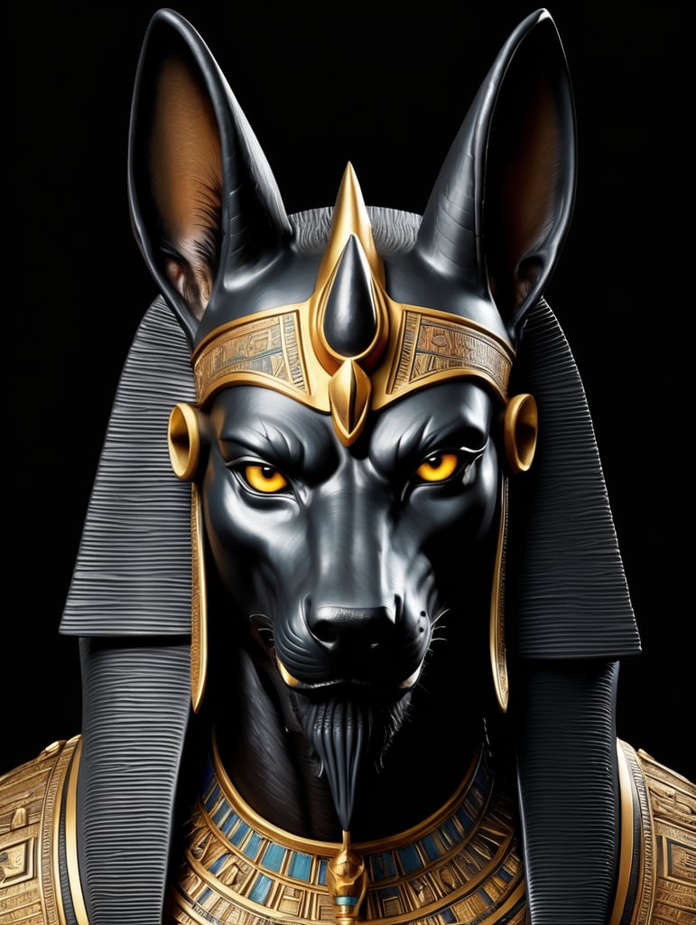 Egyptian god Anubis, portrait, hyper-realistic, dark style, focus on face, sharp on details, black background