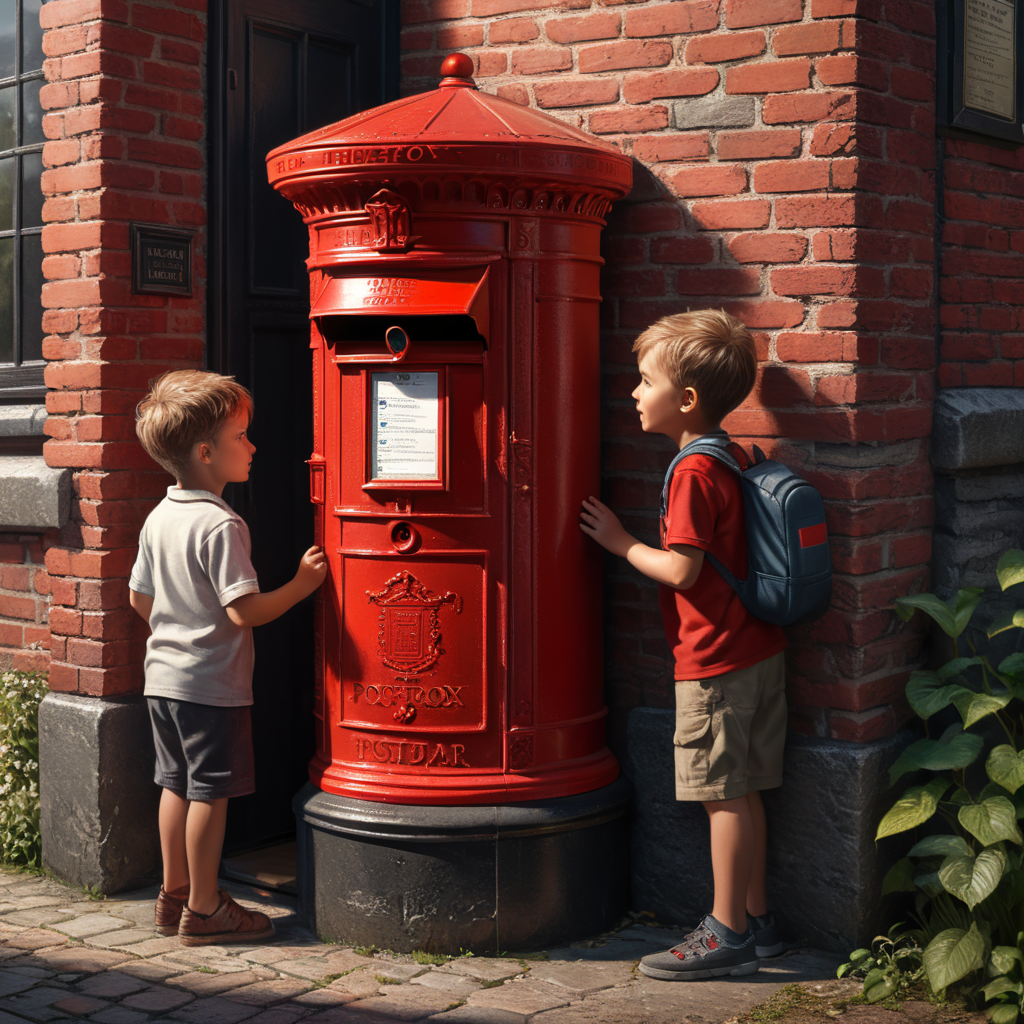 red post box with kids useing postbox