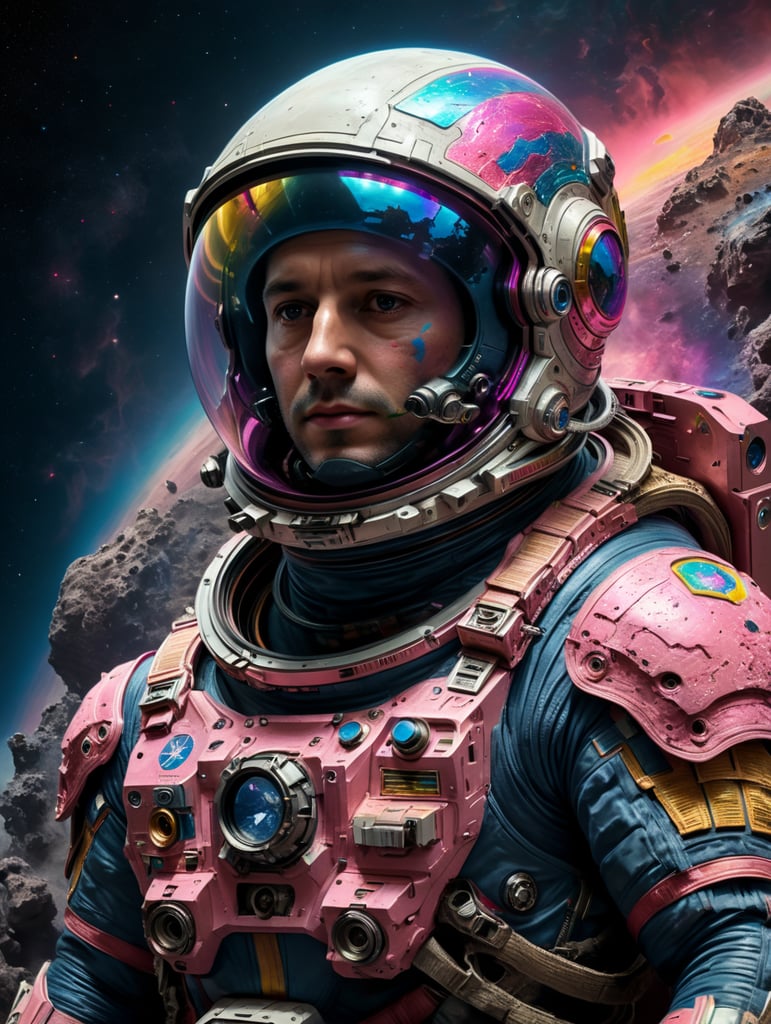 movie still, photo of an astronaut, Rainbow asteroid, light indigo, neon pink and dark beige, muted tones