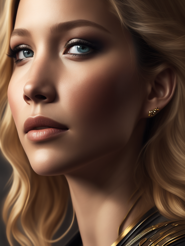 Portrait of Jennifer Lawrence, ultra realistic, blonde hair, bright makeup, detailed background