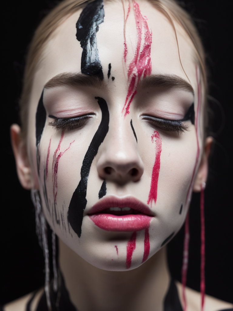 Portrait of a girl with a painted face and paint flowing from her face, closed eyes, black background