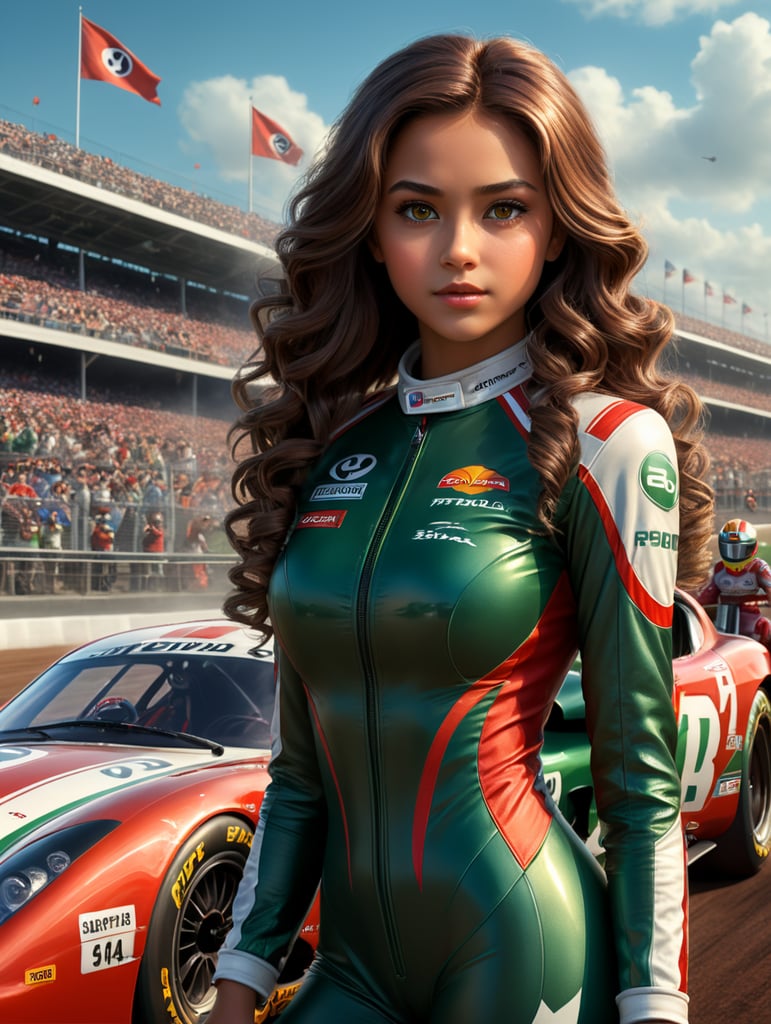 A beautiful girl in the style of Pixar, with 3D animated characters. The title is \'Sofia\' and shows a girl with long curly dark brown hair, brown eyes, dark Green White and Red Racing Suit, 1 Car Background, Speedway, F1, poster