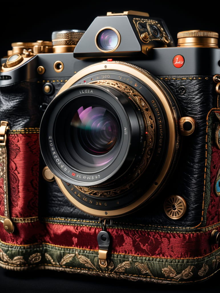 leica camera, decorated with textile, fabric case, isolated, black background