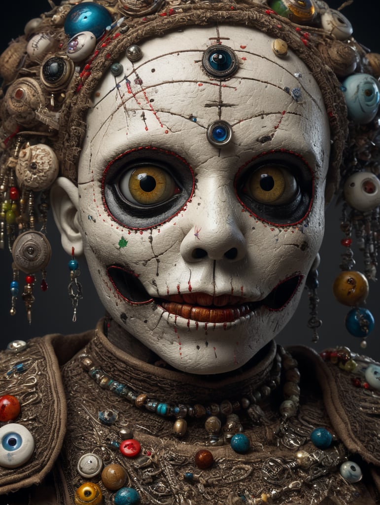 white background voodoo doll basic pins eye buttons stitched