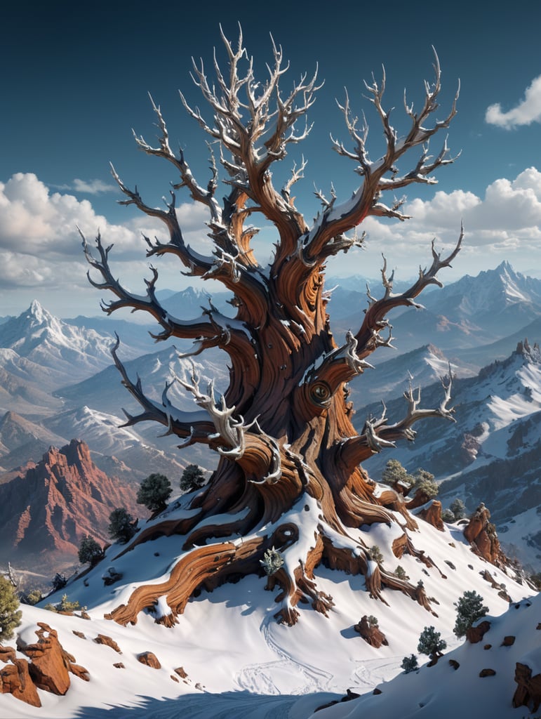 a bristlecone pine and snow covered hills, in the style of otherworldly grotesquery, 32k uhd, ralph bakshi, dark white and brown, dignified poses, natural phenomena, twisted branches