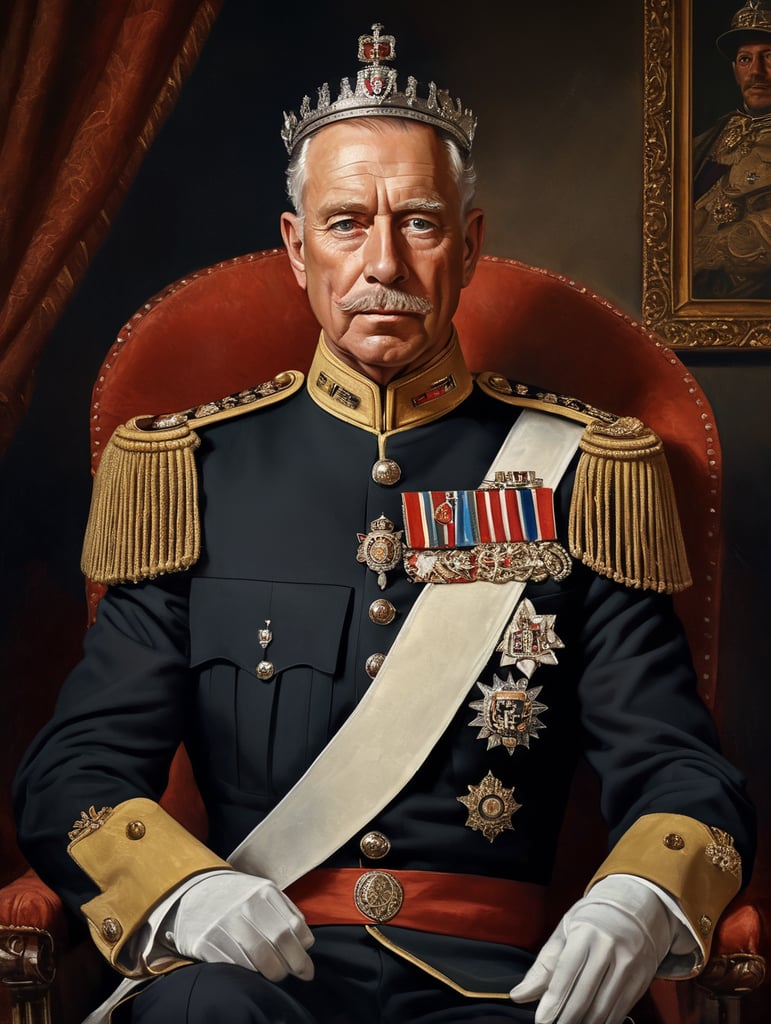 Vintage portrait painting of a royal in uniform. Replace the head with a large beer hop cone. Dramatic lighting.