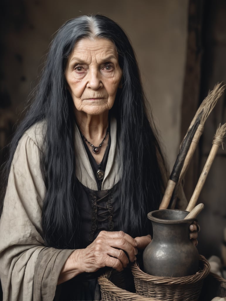 old woman, witch, front-facing portrait, tarnished and dirty clothes, long black hair, holding witchcraft items