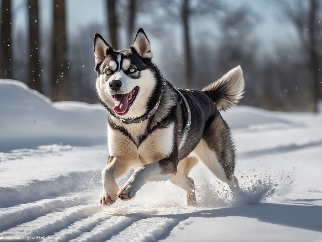 side view of skinny Husky-Sheppard mix dog running in snow. happy and smiling and with tongue out