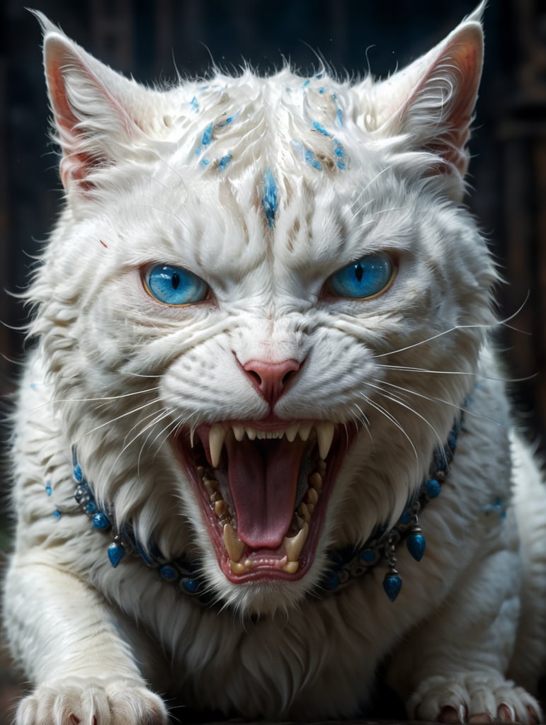 White cat with blue eyes very angry and big