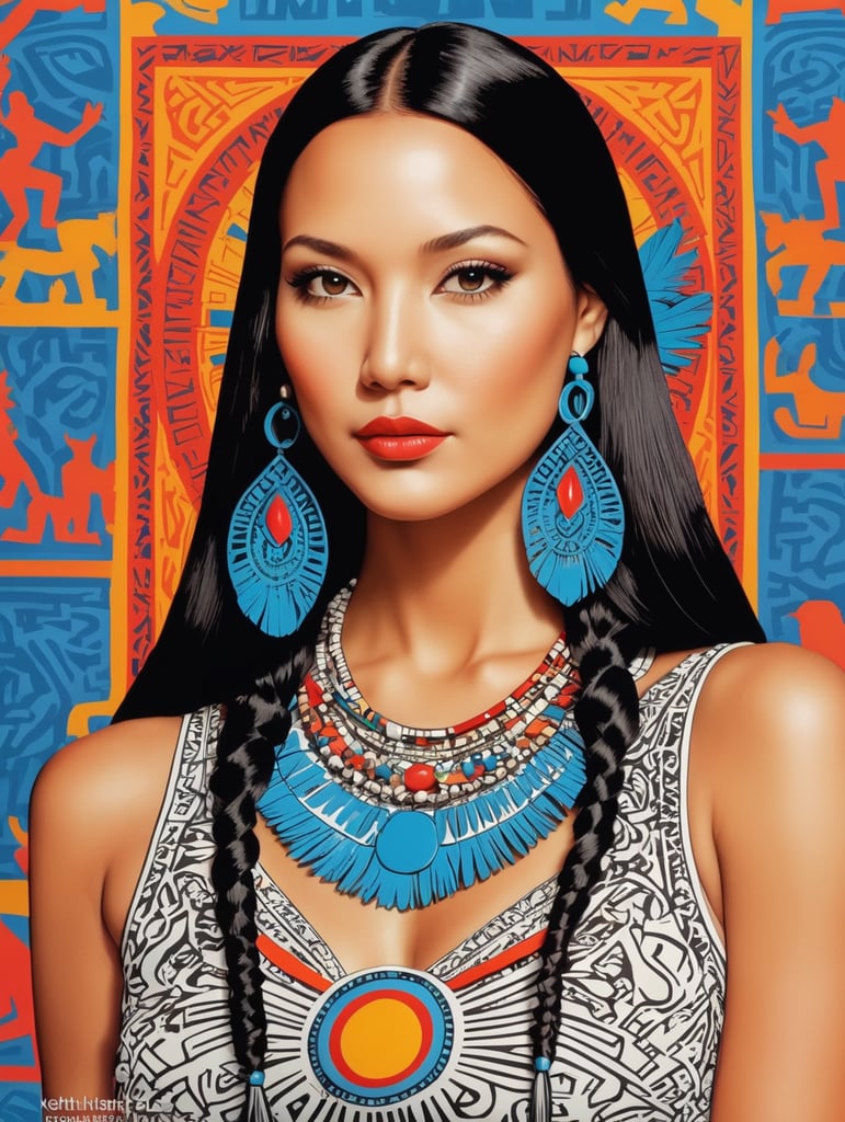Pocahontas, Illustration, Painting, Pop-Art, USA, style of Keith Haring